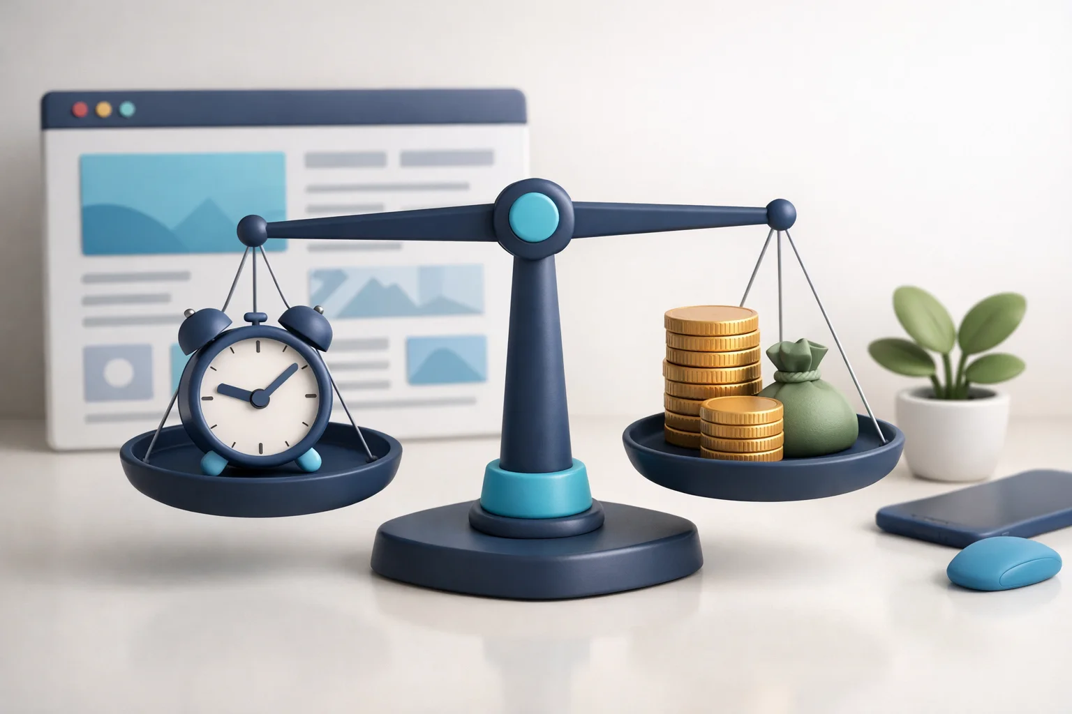 Balanza comparando tiempo y dinero junto a una web