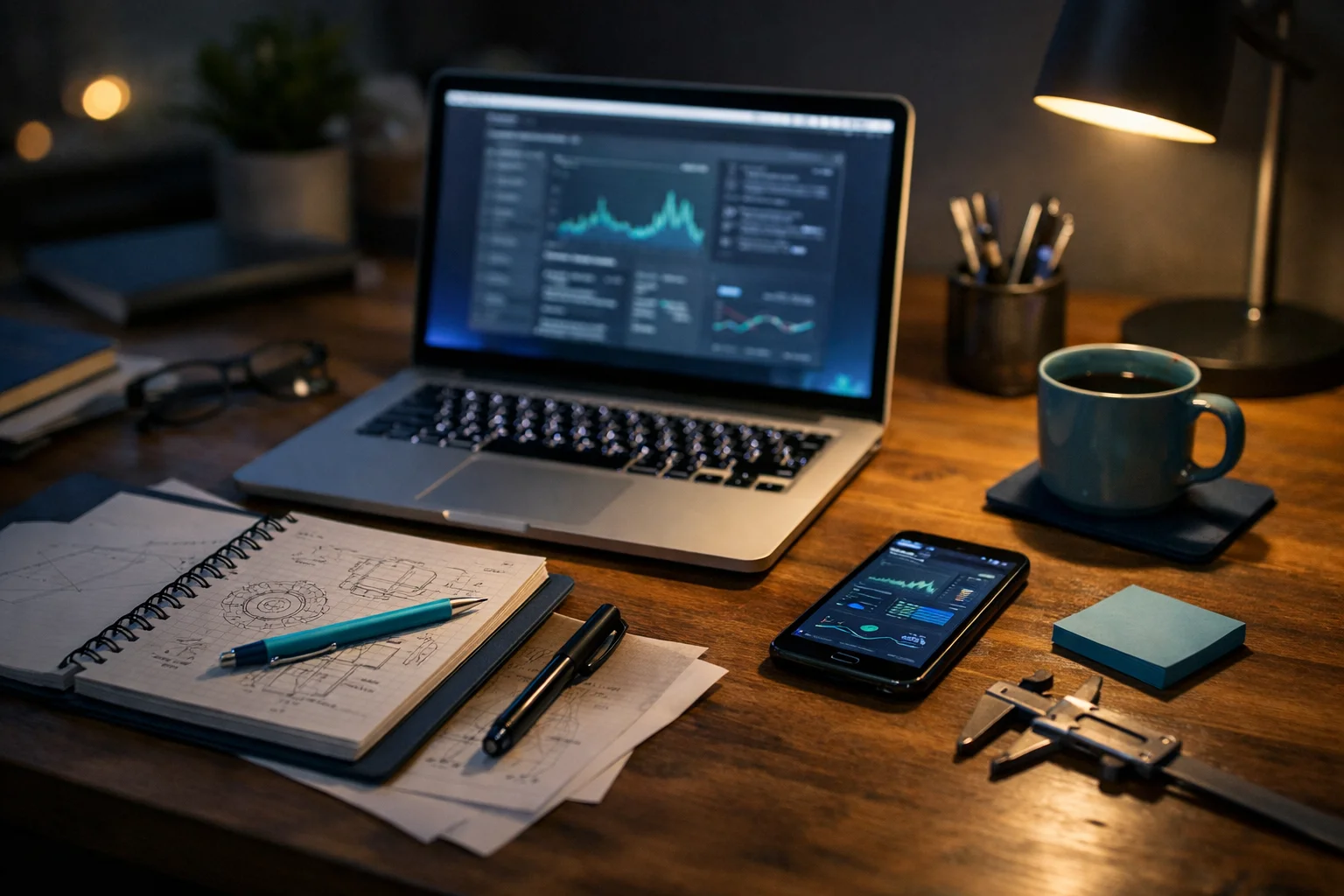 Escritorio nocturno con laptop, móvil y notas técnicas